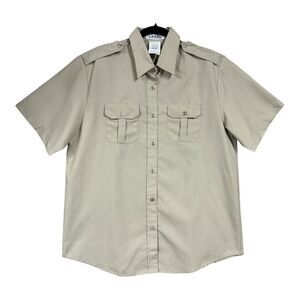 Cintas Womens Short Sleeve Button Up Collared Work Shirt Sz L Beige